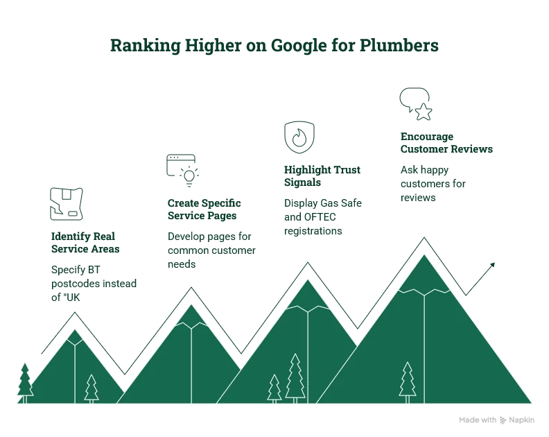 Diagram of four ranking signals for NI plumbers climbing up a mountain range: identify real BT postcode service areas, create specific service pages, highlight Gas Safe and OFTEC trust signals, and encourage customer reviews