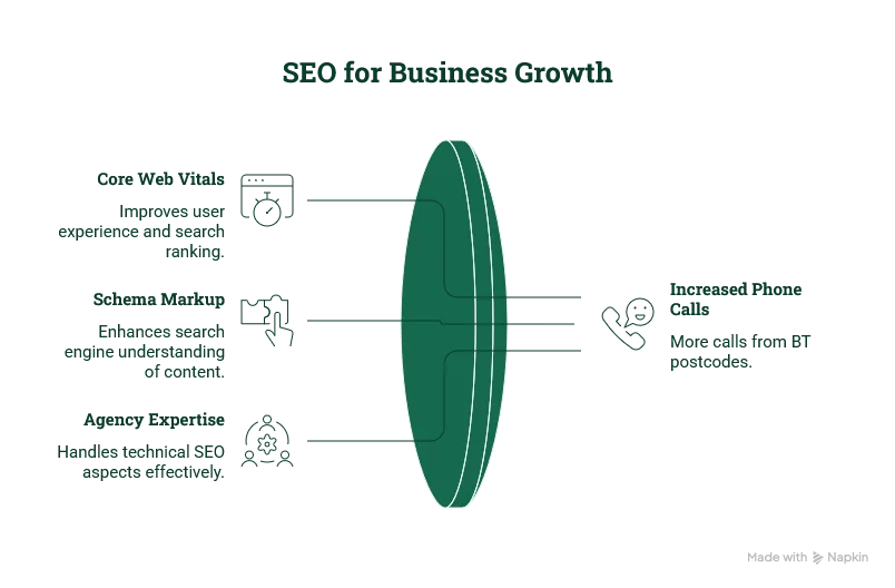 Diagram showing how SEO jargon translates into business growth for an NI tradesman: Core Web Vitals, schema markup, and agency expertise all feed into more phone calls from BT postcodes